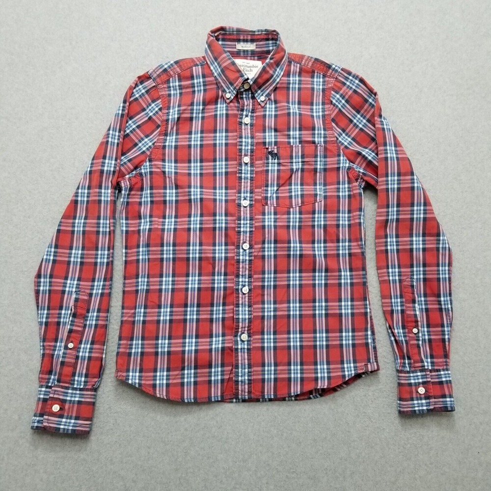 Abercrombie & Fitch Shirt Mens Medium‎ Red Plaid Button Up Pocket Long Sleeve
